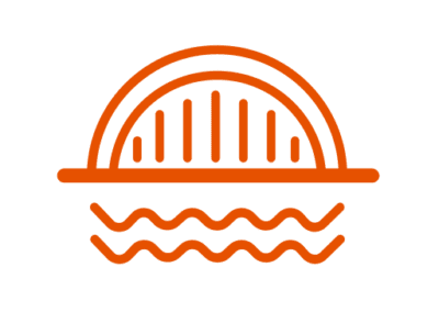 A orange sign with waves and a bridge